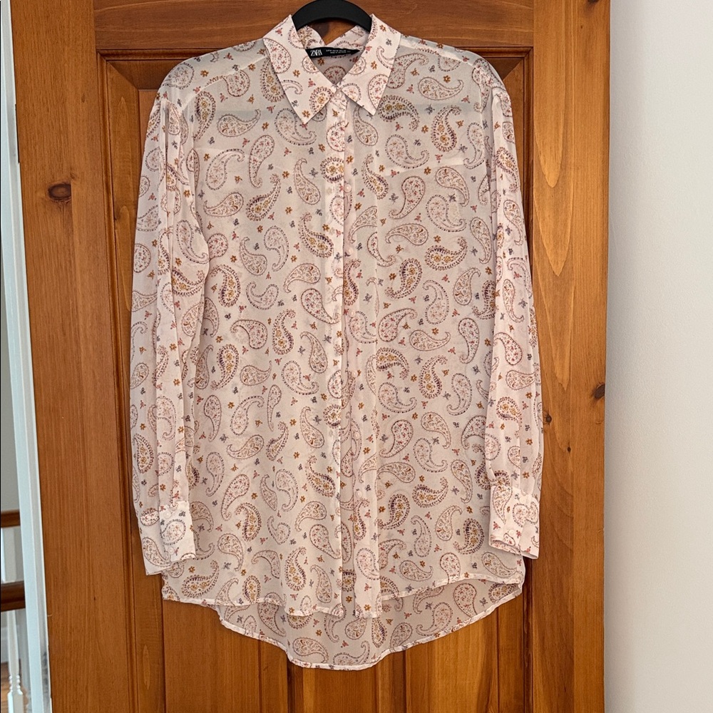 Zara Pale Pink Paisley Button-Up Blouse